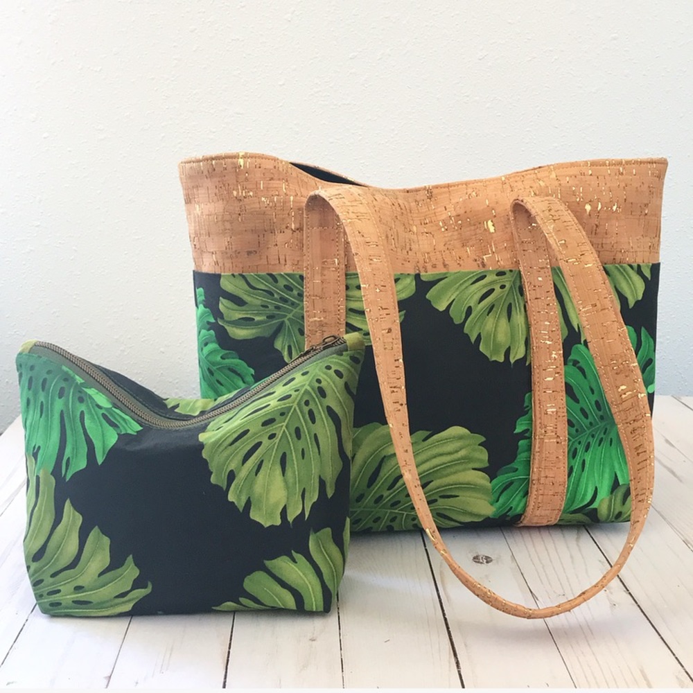 Handmade cork leaf print tote diaper bag black tan
